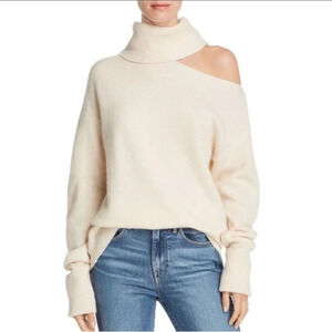 Paige Raundi Wool Blend Knit Cold Shoulder  Turtleneck Sweater Ivory Size Large